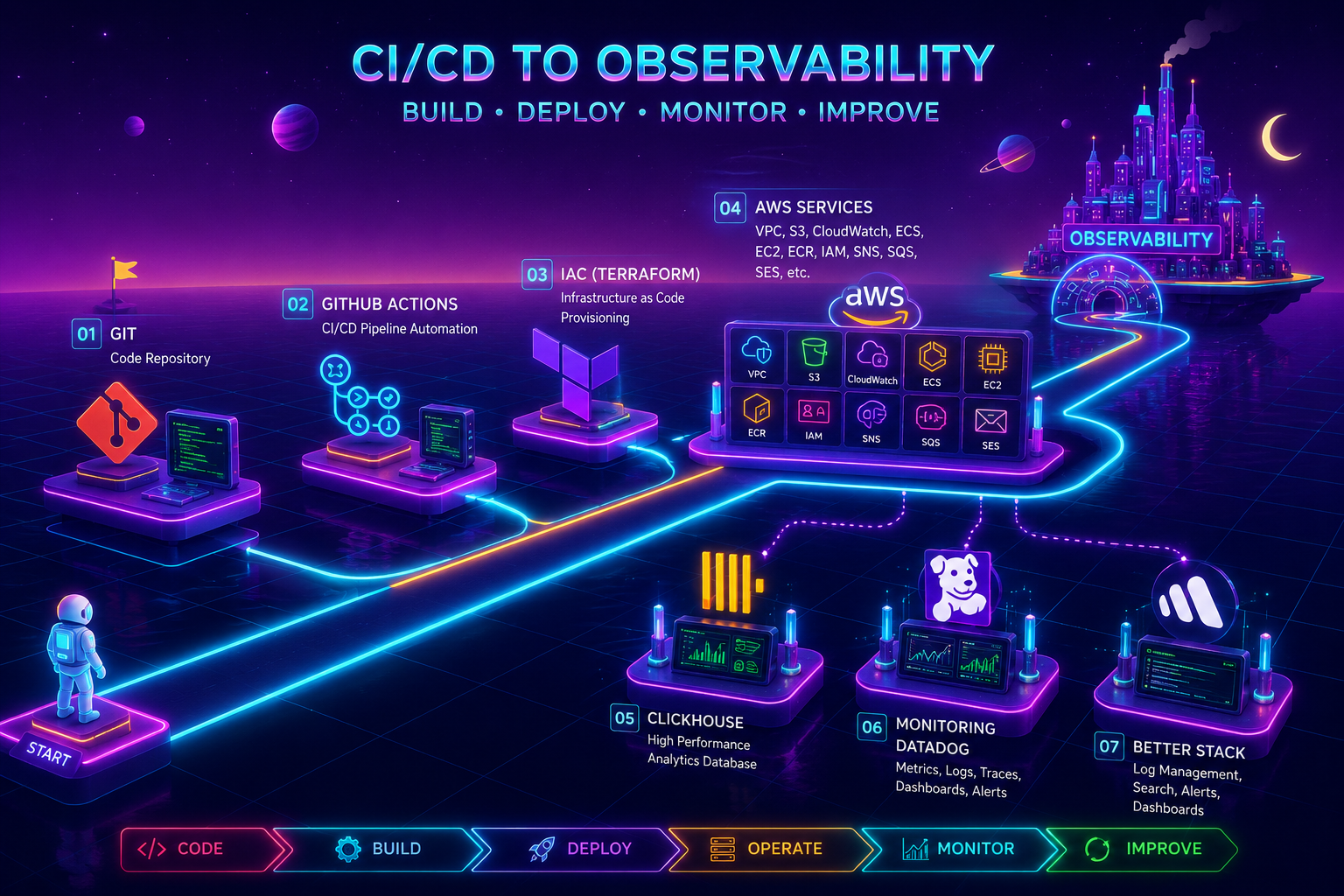 CI/CD to observability roadmap showing Git, GitHub Actions, Terraform, AWS services, ClickHouse, Datadog, and Better Stack